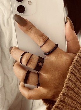 极速rings women 叨黑色关节戒指创意个性P简约叠戴组合套装7件套