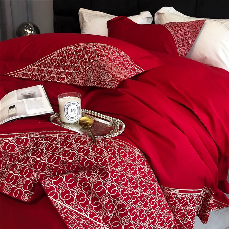 极速法式刺绣婚庆红色四件套全棉10F0支新疆纯棉结婚被套床单床品