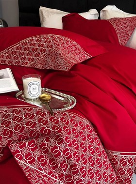 极速法式刺绣婚庆红色四件套全棉10F0支新疆纯棉结婚被套床单床品