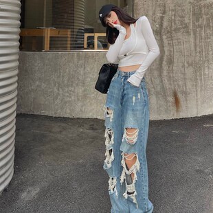 新品高腰牛仔裤女网红炸街破洞乞丐裤子春秋宽松ins潮Z流行老爹阔
