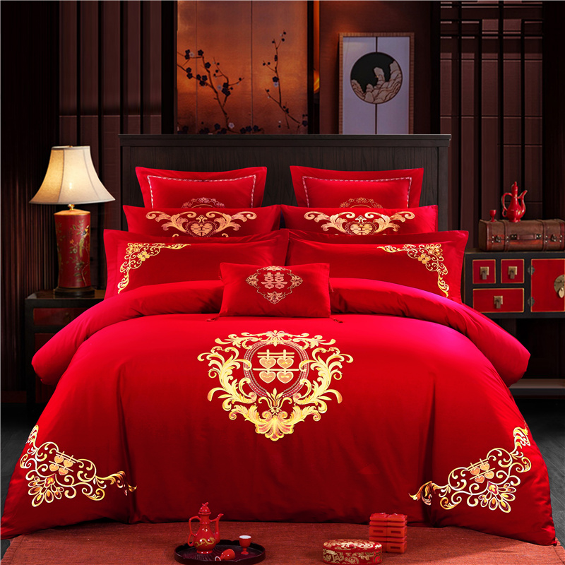 极速高端奢d华100s四件套全棉绣花婚庆多件套提花被套床上用品套