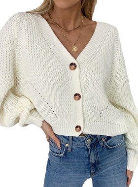 极速2021 Womens Loose Fit Cardigan  Winter LPong Sleeve V Ne