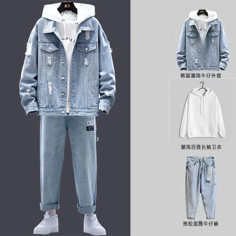 速发牛仔外套男装一套搭配衣服帅气韩版潮流秋季港风ins工装夹克