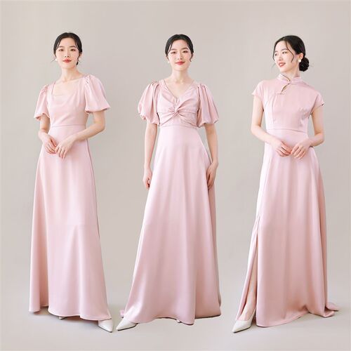 新品TANSSHOP伴娘裙礼服裙 主持活动表K格粉色双面缎多款式长裙可