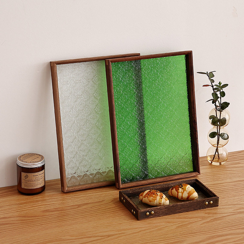 极速复古海e棠花玻璃托盘家用长方形胡桃实木小茶盘杯子收纳水果