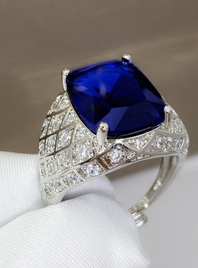 极速潮男开口肥长方蓝宝石戒指 满钻羣镶O锆石深蓝坦桑石戒指