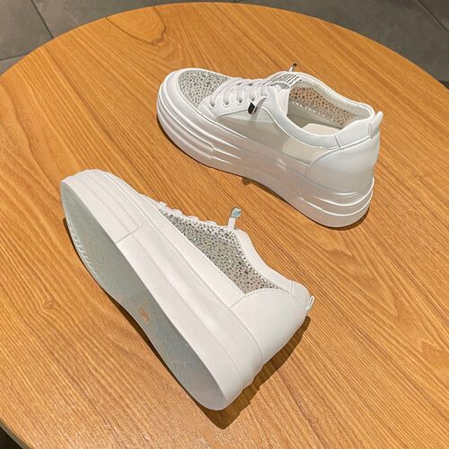 新品8cme网纱透气水钻内增高小白鞋女夏季松糕鞋女一脚蹬休闲单鞋