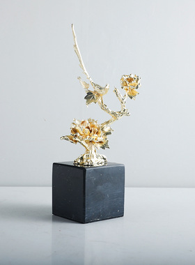 极速新中式轻奢金属鲜q花大理石摆件样板房玄关客厅电视柜酒店软