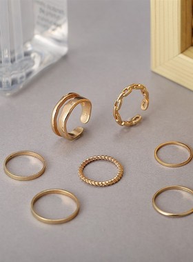 极速rings women 7-pieyce set 合金金色戒指女复古链条戒指套装7