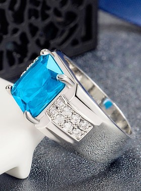 极速气质海蓝宝石蓝锆石戒指 时尚镶嵌长方O钻海蓝托帕石戒指订婚