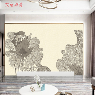 极速独绣壁布墙布背景墙无缝现代简约荷花荷叶客厅家用Y独秀刺绣