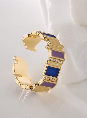 极速澳古a 跨境 铜镀真金戒指女设计感小众锆石滴油几何开口戒指