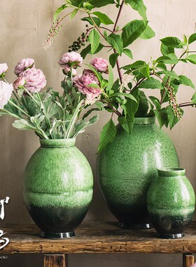 新品景德a镇陶瓷花瓶可水培翡翠绿色粗陶花器客厅插花装饰摆件复