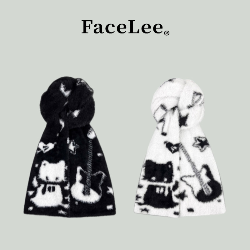FaceLee日本设计师联名款日系吉他小猫黑白双面围巾女冬季新款日