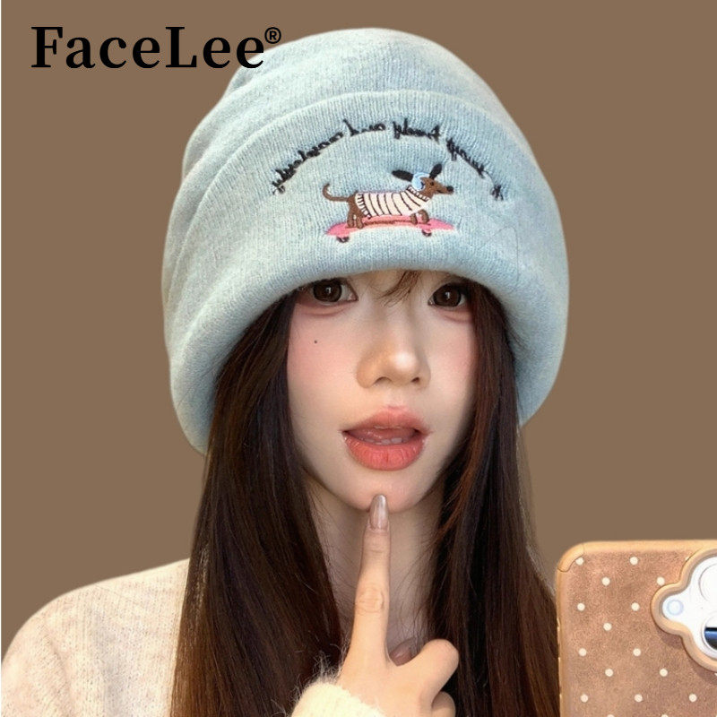 FaceLee日本设计师联名款可爱小狗刺绣针织毛线帽子女2025新款秋