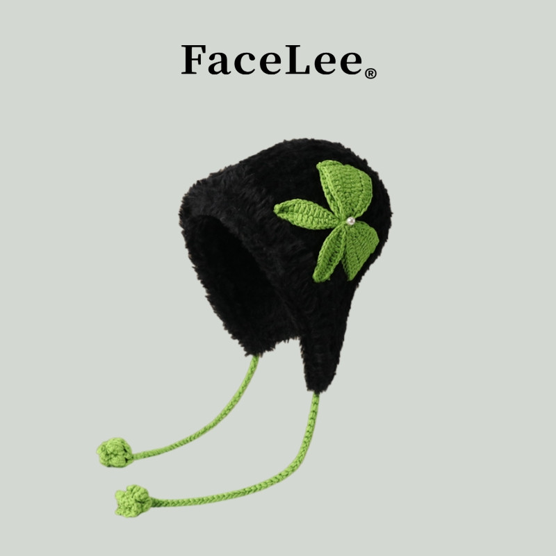 FaceLee日本设计师联名款韩版蝴蝶结毛绒辫子护耳帽子女秋冬加厚