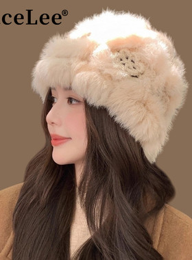 FaceLee日本设计师联名款可爱毛绒兔毛小花帽子女冬网红皮草秋冬