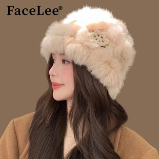 FaceLee日本设计师联名款可爱毛绒兔毛小花帽子女冬网红皮草秋冬