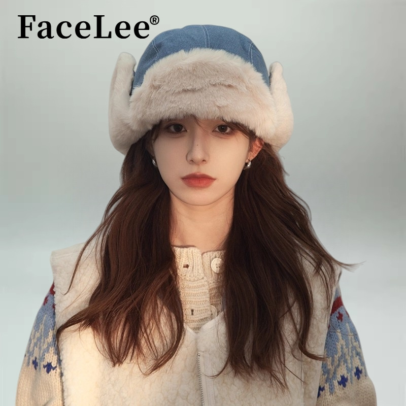 FaceLee日本设计师联名款牛仔毛绒帽子女秋冬季显脸小护耳针织帽