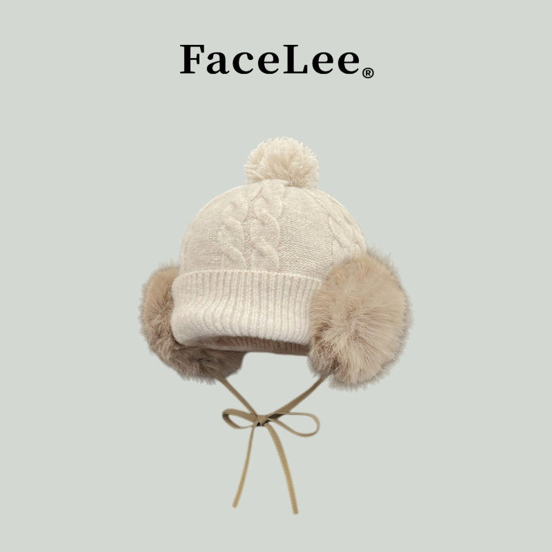 FaceLee日本设计师联名款韩版毛绒球球绑带针织雷锋帽子女生秋冬