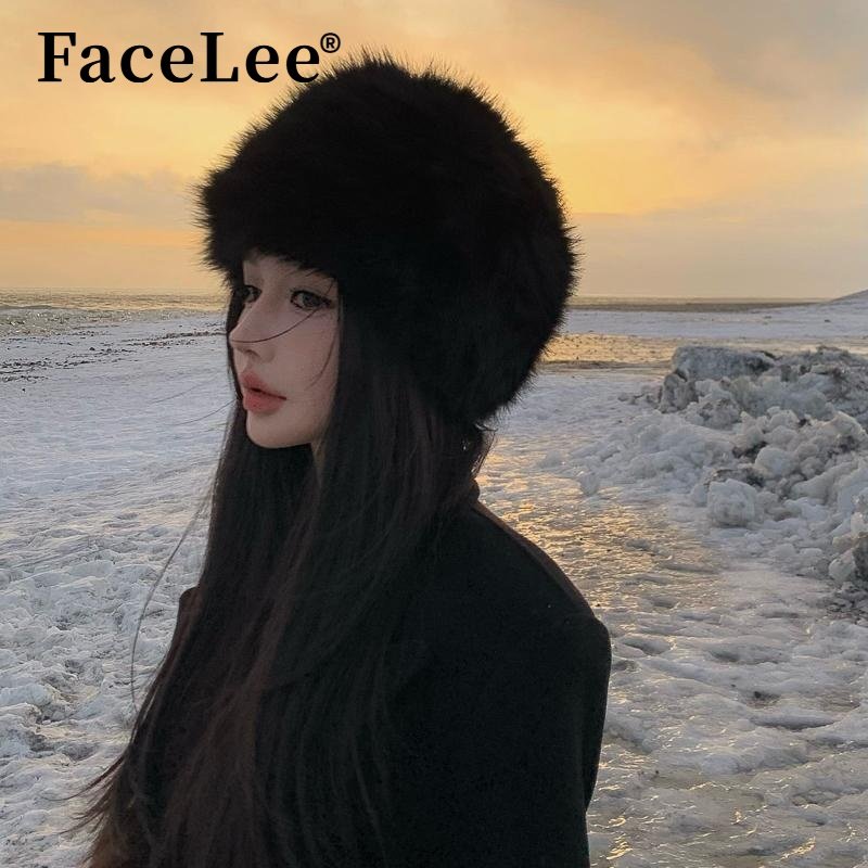 FaceLee日本设计师联名款ins风贵气黑色仿皮草毛绒帽秋冬加厚防寒