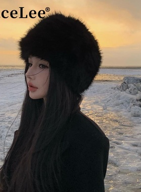 FaceLee日本设计师联名款ins风贵气黑色仿皮草毛绒帽秋冬加厚防寒
