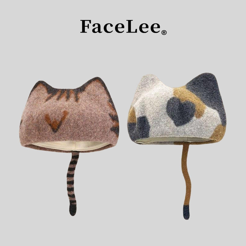 FaceLee日本设计师联名款甜美可爱猫耳朵毛呢贝雷帽子女秋冬保暖