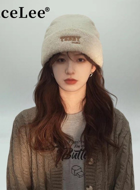 FaceLee日本设计师联名款韩版加厚毛茸茸刺绣帽子女秋冬季保暖护