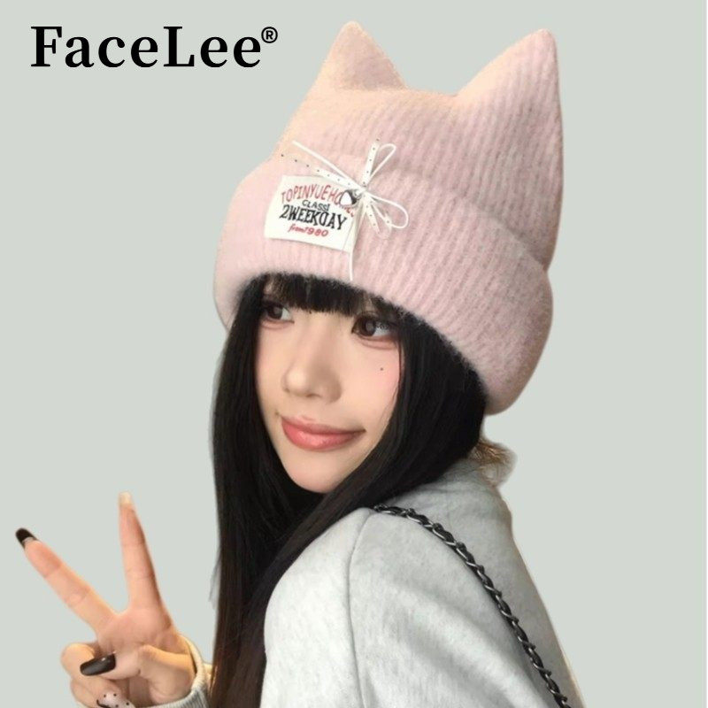 FaceLee日本设计师联名款甜美蝴蝶结猫耳朵粉色针织毛线帽子女秋