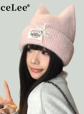 FaceLee日本设计师联名款甜美蝴蝶结猫耳朵粉色针织毛线帽子女秋