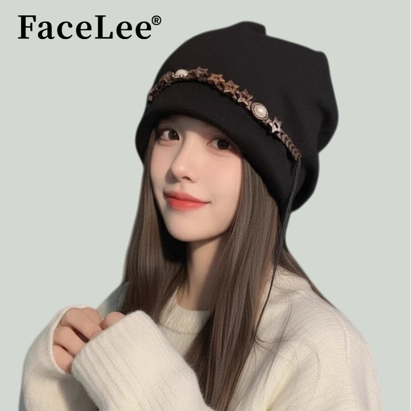 FaceLee日本设计师联名款复古五角星流苏堆堆帽女大头围帽子冬季