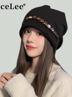 FaceLee日本设计师联名款复古五角星流苏堆堆帽女大头围帽子冬季