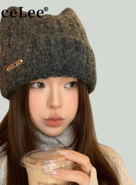 FaceLee日本设计师联名款韩系可爱猫耳朵帽子针织帽冬帽女保暖防