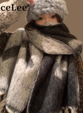 FaceLee日本设计师联名款灰色高级马海毛麻花辫围巾女2025秋冬加