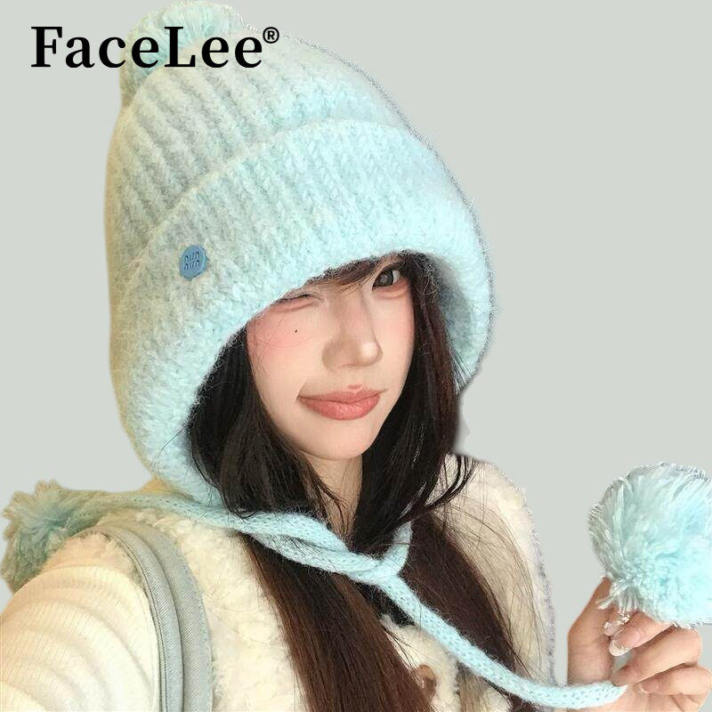 FaceLee日本设计师联名款蓝色毛球针织护耳帽女秋冬韩版百搭显脸