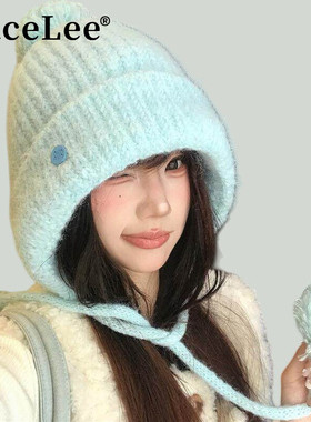 FaceLee日本设计师联名款蓝色毛球针织护耳帽女秋冬韩版百搭显脸