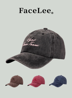 FaceLee日本设计师联名款棒球帽女刺绣新款大头围宽檐灰色水洗做