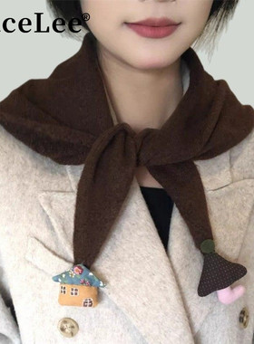 FaceLee日本设计师联名款韩系甜美卡通小房子针织三角巾披肩女秋