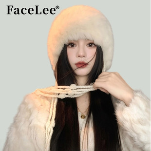 FaceLee日本设计师联名款白色真兔毛针织渔夫帽子女款2026新款冬