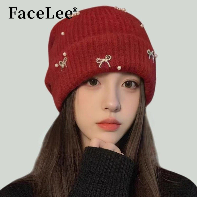FaceLee日本设计师联名款韩系新年红色蝴蝶结帽子女秋冬季保暖护