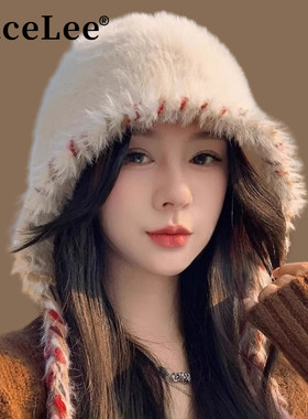 FaceLee日本设计师联名款多巴胺撞色毛绒帽子女秋冬季保暖可爱毛