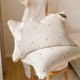 安懒懒 A类纯棉纱布枕巾全棉四层纱双层韩式花边透气柔软一对装