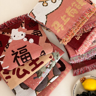 安懒懒 四层纱布全棉新年大红枕巾流苏婚庆枕盖防头油一对52x75cm