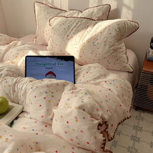 安懒懒 三角针双层纱皱皱纱韩系清新风四件套床品四件套四季通用