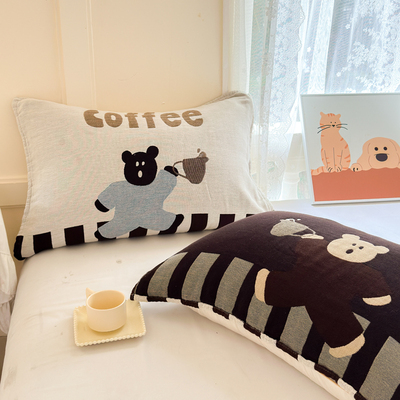 安懒懒 全棉纱布枕巾纯棉水洗四层可爱卡通动物52x75cm枕巾一对