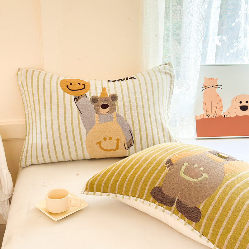 安懒懒 全棉纱布枕巾纯棉水洗四层可爱卡通动物52x75cm枕巾一对