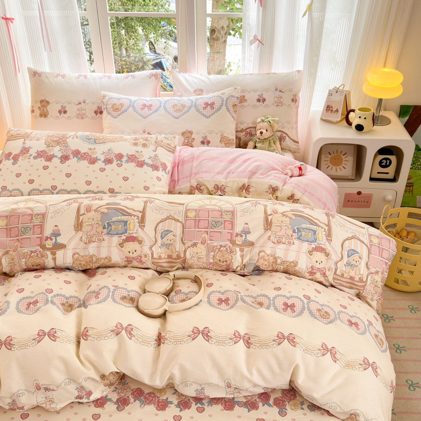 安懒懒 全棉纯棉柔软印花四件套卡通风四季通用亲肤100棉床品粉色,床上用品,床品套件/四件套/多件套,淘宝优惠券,粉丝福利购,淘宝优惠卷