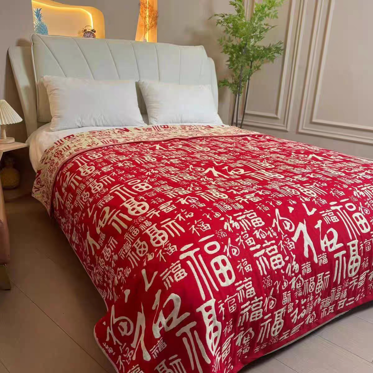 安懒懒 红色百福床盖毛巾被夏凉被空调被纱布棉软百福喜庆化纤被