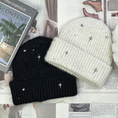 秋冬新款星点亮钻针织帽女休闲百搭高品质户外防寒护耳棉帽男冷帽