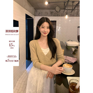 炸鸡欧尼JeJuna 欧尼清晨 奶茶色半镂空针织衫刺绣吊带半身裙套装